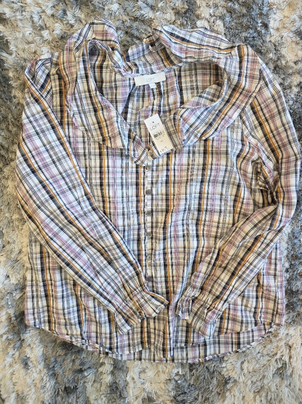 LOFT Plaid Button-Up Blouse in White with Maroon & Orange Stripes